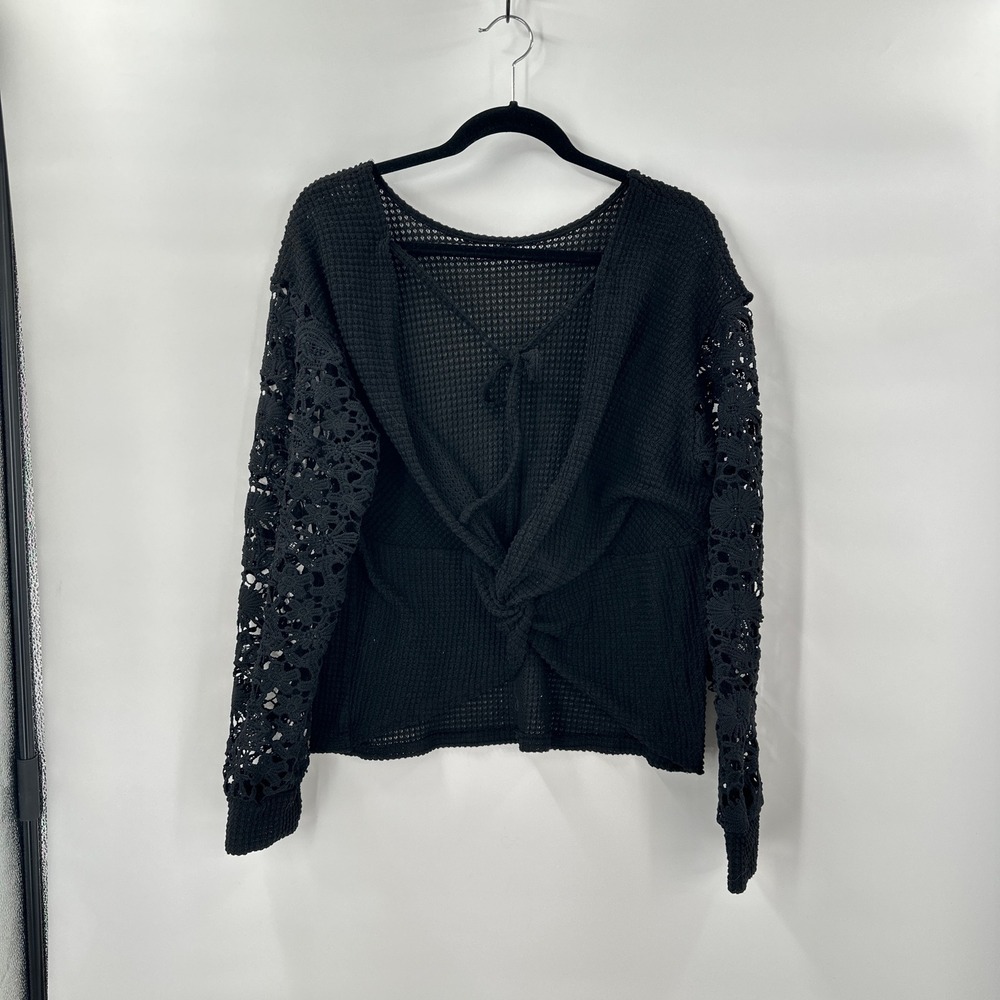 Boho Black Crochet Sleeve Knit Top Large Sheer Waffle Tie Front Long Sleeve